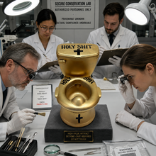 HOLY SHIT gold toilet artwork in a staged conservation laboratory concept scene