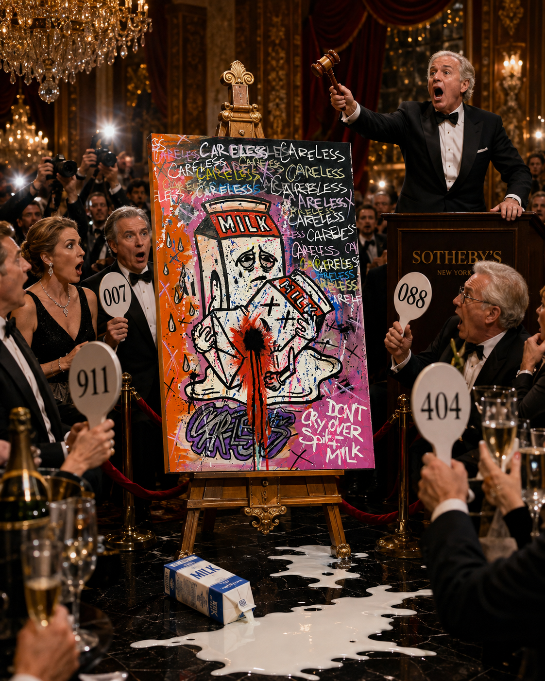 Spilt Milk artwork displayed at an extravagant luxury art auction