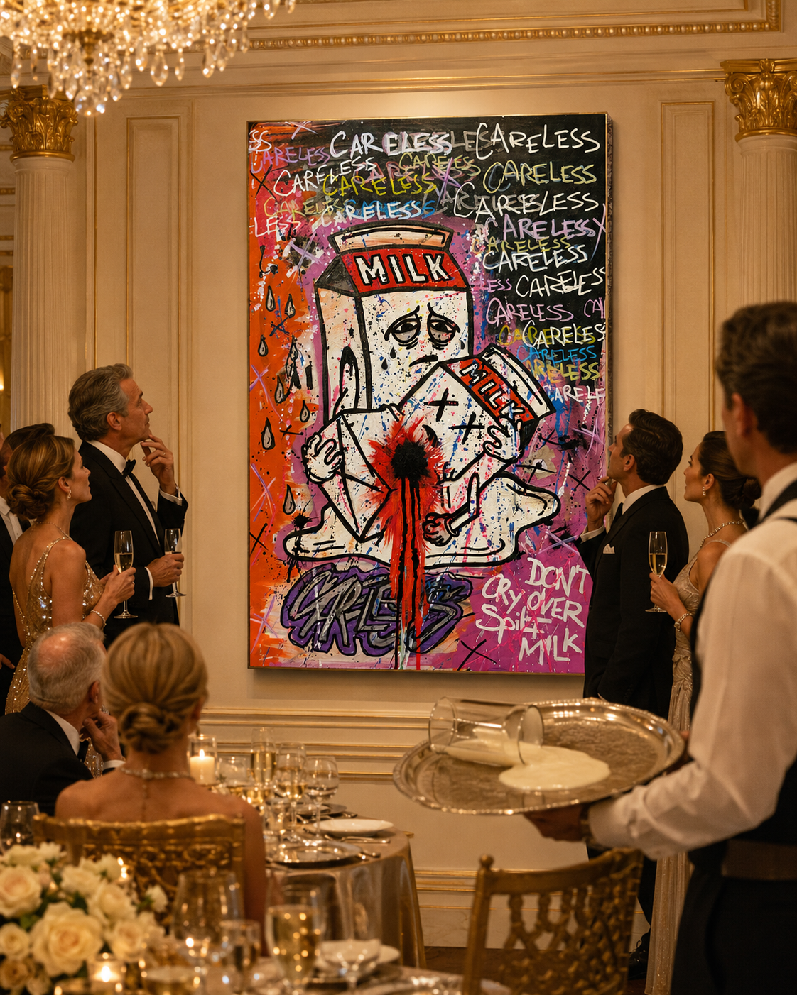 Spilt Milk artwork displayed during an extravagant formal dinner while milk is served nearby