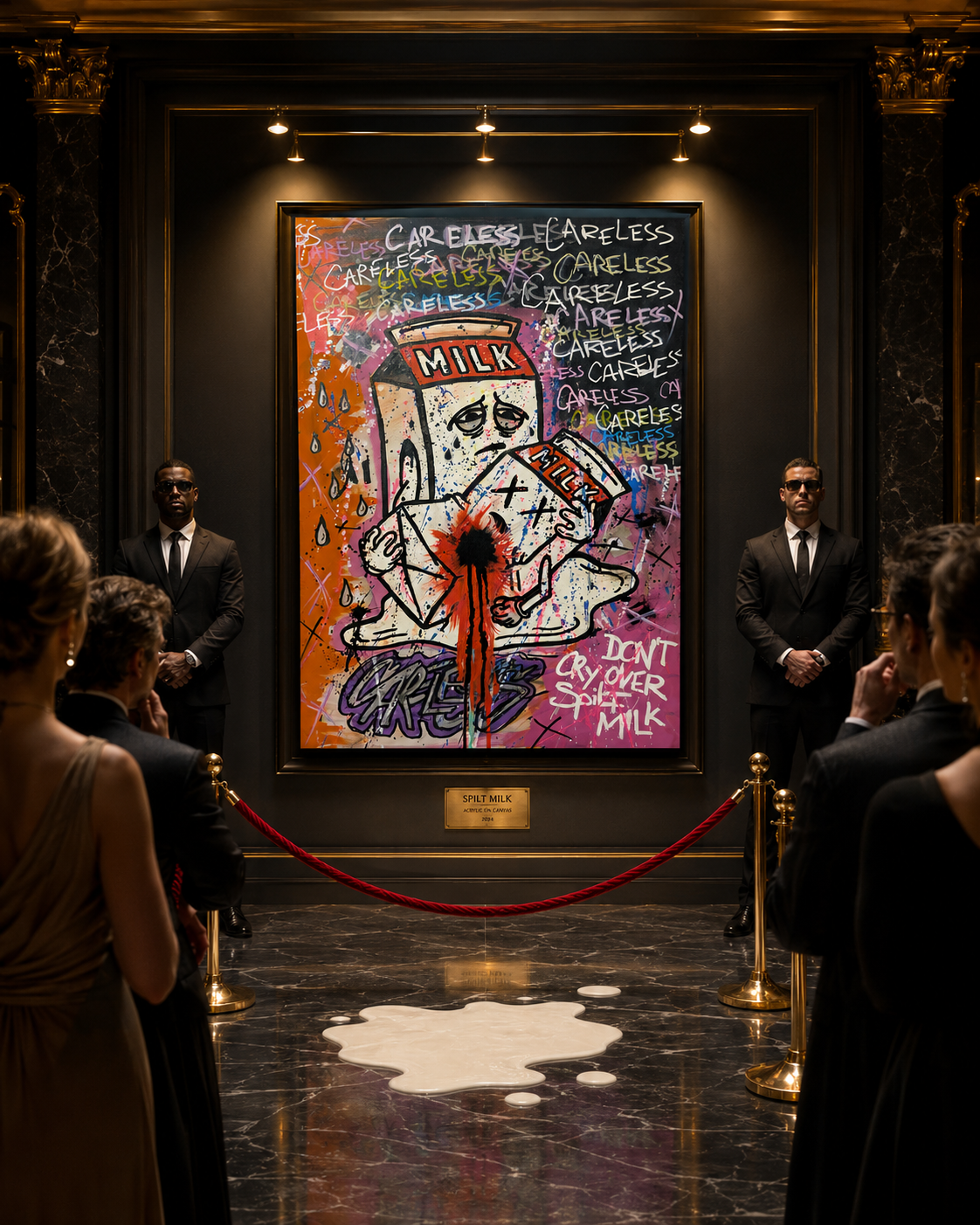 Spilt Milk artwork displayed in an absurdly prestigious private gallery with security