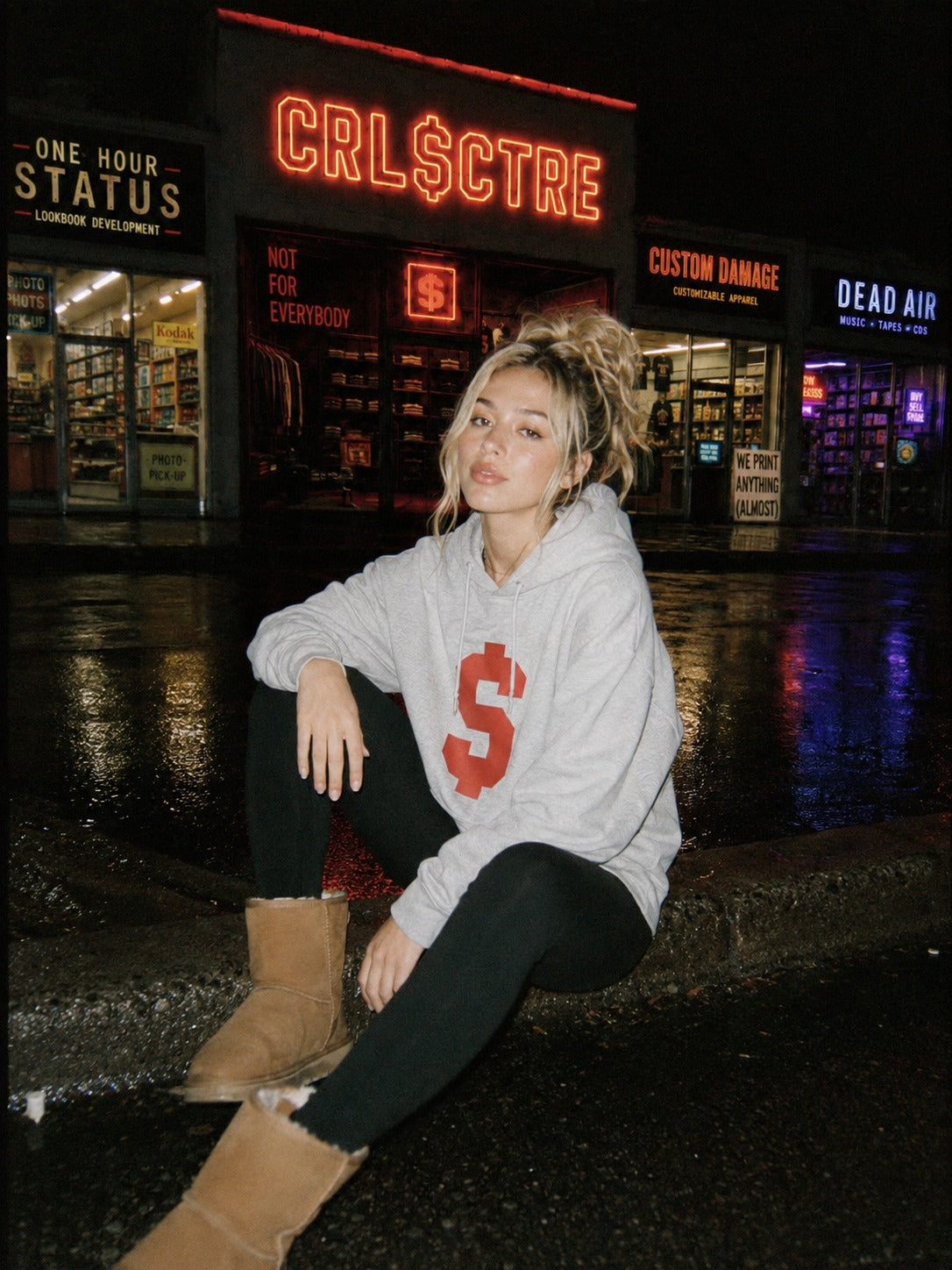 CRL$CTRE model in gray dollar sign hoodie