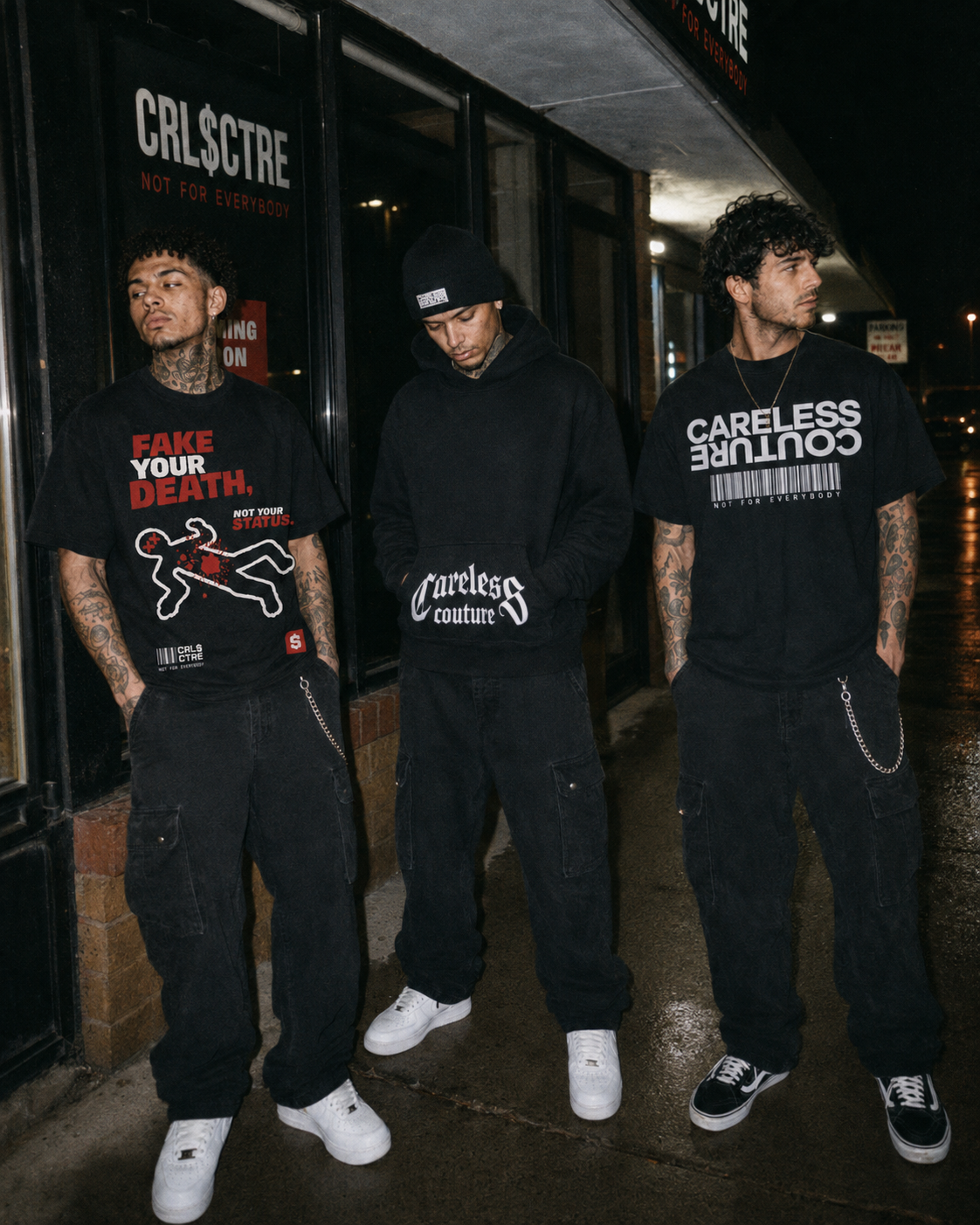 Three CRL$CTRE models outside the shop