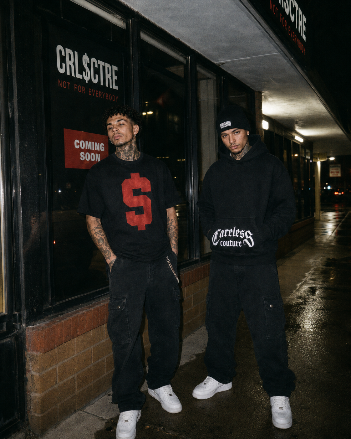 Two CRL$CTRE models in black dollar shirt and hoodie