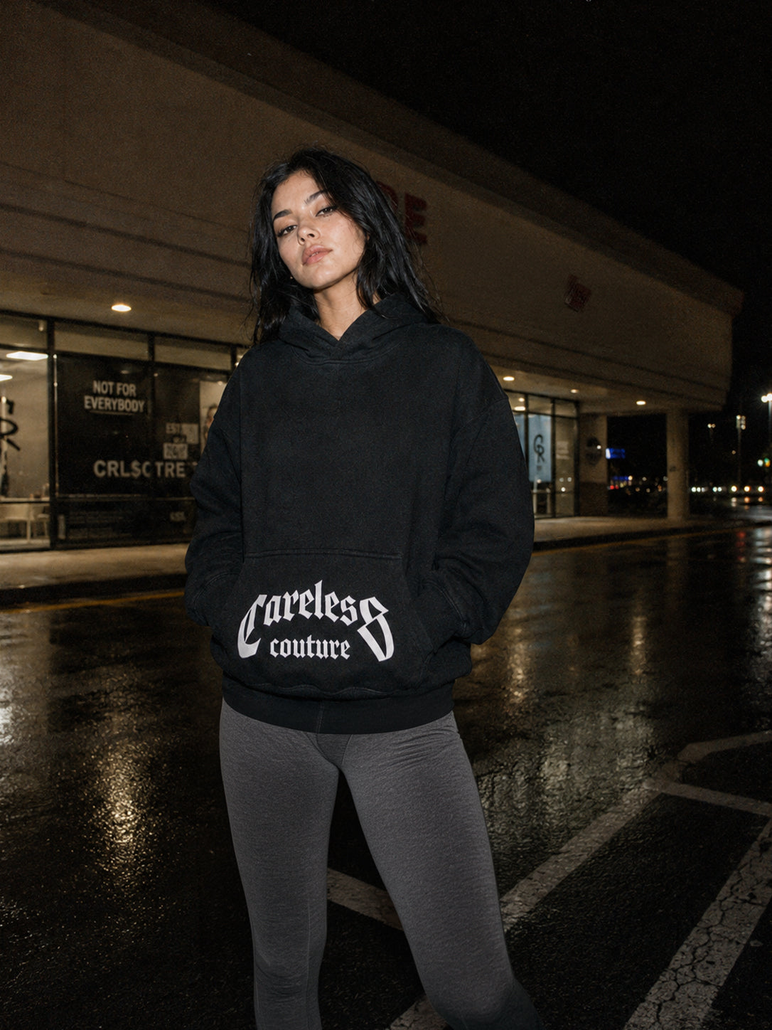 CRL$CTRE model wearing Careless Couture hoodie